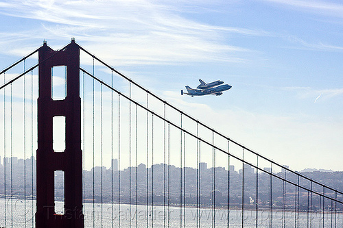 space shuttle endeavour over golden gate bridge, boeing 747, bridge pillar, bridge tower, fly-by, flying, flyover, golden gate bridge, jumbo jet, nasa, ov105, piggyback, plane, sca, sf endeavour 2012, shuttle carrier aircraft, space shuttle endeavour, suspension bridge