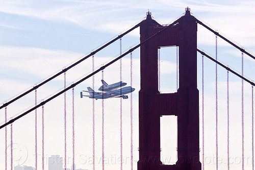 space shuttle endeavour over golden gate bridge, boeing 747, bridge pillar, bridge tower, fly-by, flying, flyover, golden gate bridge, jumbo jet, nasa, ov105, piggyback, plane, sca, sf endeavour 2012, shuttle carrier aircraft, space shuttle endeavour, suspension bridge