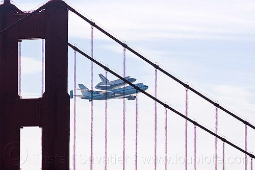 space shuttle endeavour over golden gate bridge, boeing 747, bridge pillar, bridge tower, fly-by, flying, flyover, golden gate bridge, jumbo jet, nasa, ov105, piggyback, plane, sca, sf endeavour 2012, shuttle carrier aircraft, space shuttle endeavour, suspension bridge