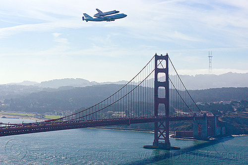 space shuttle endeavour over san francisco's golden gate bridge, boeing 747, bridge pillar, bridge tower, fly-by, flying, flyover, golden gate bridge, jumbo jet, nasa, ocean, ov105, piggyback, plane, san francisco bay, sca, sea, sf endeavour 2012, shuttle carrier aircraft, space shuttle endeavour, suspension bridge