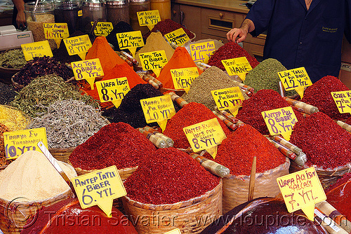 spices in spice shop - red chili powder - - market (turkey), bazaar, istanbul, powder, price, signs, spice market, spices
