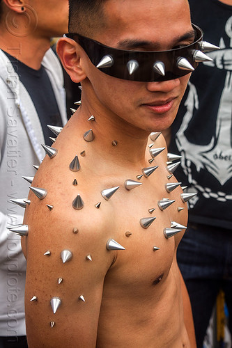 spikes glued on skin, man, spiky