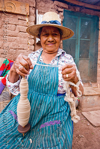 spindle - spinning wool, apron, chile, indigenous, old woman, san pedro de atacama, spindle, straw hat, wool