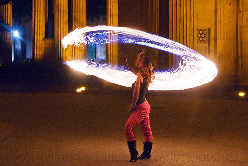spinning a fire rope, ally, columns, fire circle, fire dancer, fire dancing, fire performer, fire rope, fire spinning, night, palace of fine arts, woman