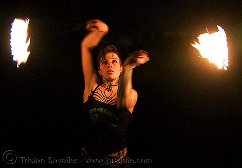 spinning fire poi (san francisco) - fire dancer - leah, fire dancer, fire dancing, fire performer, fire poi, fire spinning, leah, night, spinning fire, tattooed, tattoos, woman