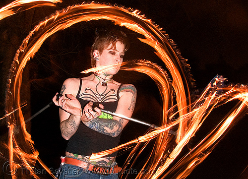 spinning fire poi (san francisco) - fire dancer - leah, fire dancer, fire dancing, fire performer, fire spinning, leah, night, spinning fire, tattooed, tattoos, woman