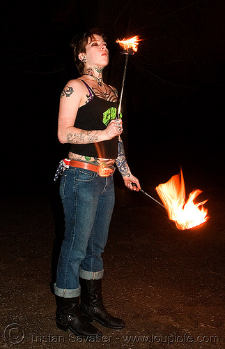 spinning fire poi (san francisco) - fire dancer - leah, fire dancer, fire dancing, fire performer, fire poi, fire spinning, leah, night, spinning fire, tattooed, tattoos, woman