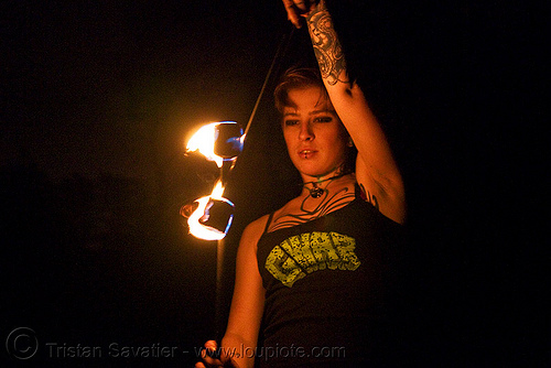 spinning fire poi (san francisco) - fire dancer - leah, fire dancer, fire dancing, fire performer, fire poi, fire spinning, leah, night, spinning fire, tattooed, tattoos, woman