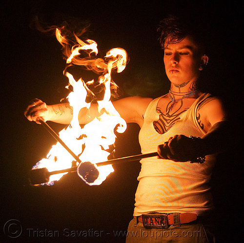 spinning fire poi (san francisco) - fire dancer - leah, fire dancer, fire dancing, fire performer, fire poi, fire spinning, leah, night, spinning fire, tattooed, tattoos, woman