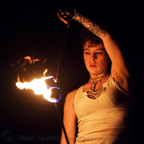 spinning fire poi (san francisco) - fire dancer - leah, fire dancer, fire dancing, fire performer, fire poi, fire spinning, leah, night, spinning fire, tattooed, tattoos, woman