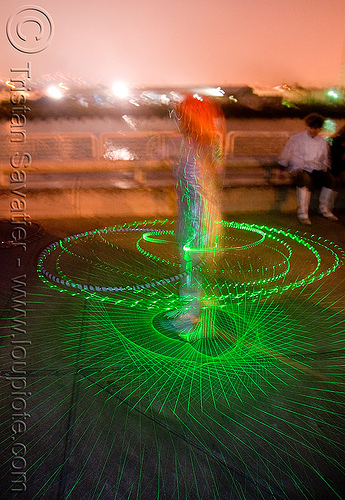 spinning green laser hulahoop, green laser, islais creek promenade, laser hoop, laser hula hoop, night, superhero street fair, woman