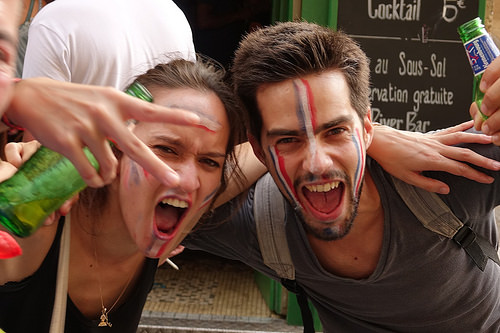 spontaneous street celebration of france winning soccer world championship - finale coupe du monde de football 2018 - supporters (paris), allez les bleus, bleu blanc rouge, coupe du monde de football 2018, crowd, dancing, fifa, french flags, man, on a gagné, place de la contrescarpe, soccer world cup 2018, street party, woman