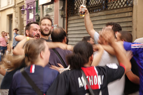 spontaneous street celebration of france winning soccer world championship - finale coupe du monde de football 2018 - supporters (paris), allez les bleus, bleu blanc rouge, coupe du monde de football 2018, crowd, dancing, fifa, french flags, on a gagné, place de la contrescarpe, soccer world cup 2018, street party