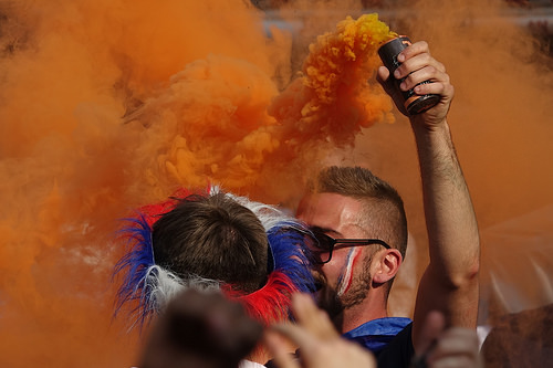 spontaneous street celebration of france winning soccer world championship - finale coupe du monde de football 2018 - supporters (paris), allez les bleus, bleu blanc rouge, coupe du monde de football 2018, crowd, dancing, fifa, french flags, on a gagné, orange smoke, place de la contrescarpe, smoke bombs, soccer world cup 2018, street party