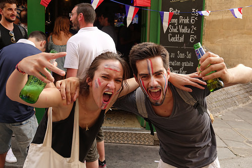 spontaneous street celebration of france winning soccer world championship - finale coupe du monde de football 2018 - supporters (paris), allez les bleus, bleu blanc rouge, coupe du monde de football 2018, crowd, dancing, fifa, french flags, man, on a gagné, place de la contrescarpe, soccer world cup 2018, street party, woman