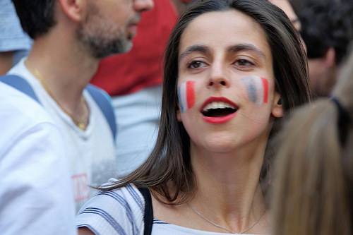 spontaneous street celebration of france winning soccer world championship - finale coupe du monde de football 2018 - supporters (paris), allez les bleus, bleu blanc rouge, coupe du monde de football 2018, crowd, dancing, fifa, french flags, on a gagné, place de la contrescarpe, soccer world cup 2018, street party