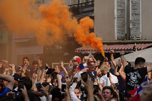 spontaneous street celebration of france winning soccer world championship - finale coupe du monde de football 2018 - supporters (paris), allez les bleus, bleu blanc rouge, coupe du monde de football 2018, crowd, dancing, fifa, french flags, on a gagné, orange smoke, place de la contrescarpe, smoke bombs, soccer world cup 2018, street party