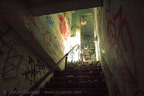 spray paint cans on stairs, derelict, graffiti, spray paint cans, stairs, street art, tie's warehouse, trespassing