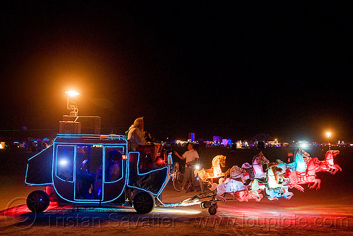 stagecoach art car - burning man 2009, art car, burning man, horse carriage, horses, mutant vehicles, night, stagecoach