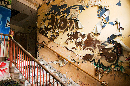 stairway - abandoned hospital (presidio, san francisco), abandoned building, abandoned hospital, graffiti, peeling paint, presidio hospital, presidio landmark apartments, staiways, trespassing