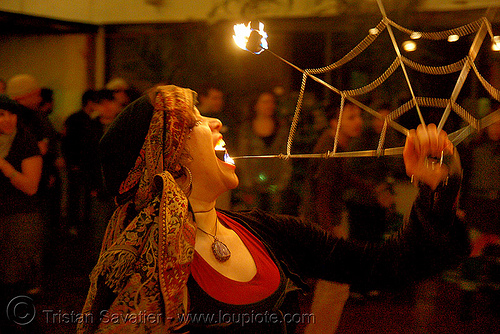 stasia with fire fans - jelly's (san francisco), eating fire, fire dancer, fire dancing, fire eater, fire eating, fire fans, fire performer, fire spinning, night, spinning fire, stasia