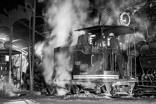 steam locomotive - darjeeling train station (india), 788 tusker, darjeeling himalayan railway, darjeeling toy train, man, narrow gauge, night, railroad, smoke, smoking, steam engine, steam locomotive, steam train engine, train depot, train yard, worker