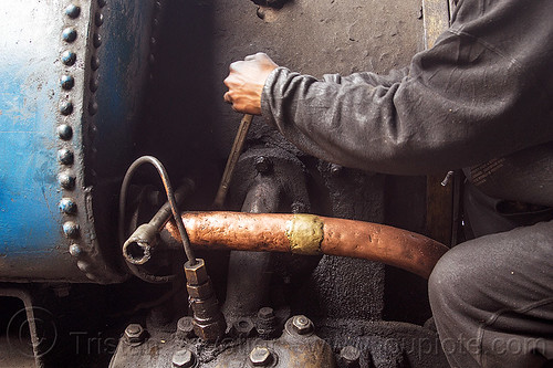 steam locomotive maintenance work in darjeeling (india), 791, brass pipe, darjeeling himalayan railway, darjeeling toy train, fixing, india, man, narrow gauge, railroad, repairing, steam engine, steam locomotive, steam train engine, worker, working, wrench