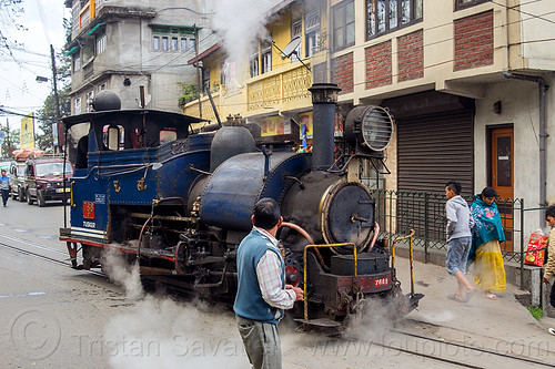 steam locomotive on street - darjeeling (india), 788 tusker, cars, darjeeling himalayan railway, darjeeling toy train, narrow gauge, railroad tracks, road, steam engine, steam locomotive, steam train engine, traffic, train tracks