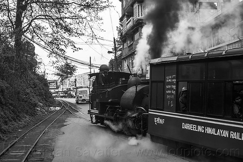 steam locomotive pulling the darjeeling "toy train" (india), 782 mountaineer, darjeeling himalayan railway, darjeeling toy train, narrow gauge, railroad tracks, road, smoke, smoking, steam engine, steam locomotive, steam train engine, train car