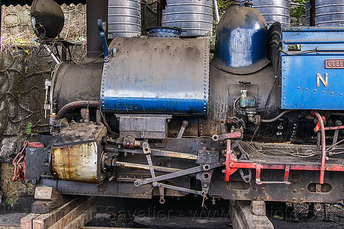 steam locomotive under repair - darjeeling train yard (india), 804 queen of the hills, cylinder, darjeeling himalayan railway, darjeeling toy train, narrow gauge, piston, railroad, rod, steam engine, steam locomotive, steam train engine, train depot, train yard