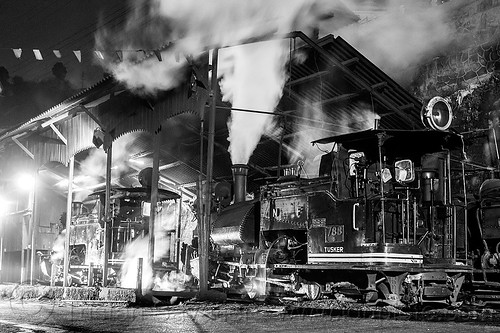 steam train engines - steam locomotives - darjeeling (india), 788 tusker, 791, darjeeling himalayan railway, darjeeling toy train, narrow gauge, night, railroad, smoke, smoking, steam engine, steam locomotive, steam train engine, train depot, train yard