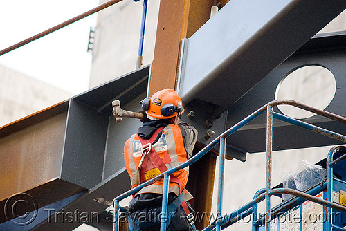 steel frame building construction - steel beams - the walbrook (london), aerial lift, boom lift, building construction, cherry picker, construction worker, crane, hammer, high-visibility jacket, high-visibility vest, london, reflective jacket, reflective vest, safety harness, safety helmet, steel beams, steel frame