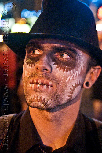 stencil airbrush skull makeup - dia de los muertos - halloween (san francisco), airbrush, day of the dead, dia de los muertos, face painting, facepaint, fedora hat, galen, gangster hat, halloween, icarus zaure, makeup, man, night, stencil