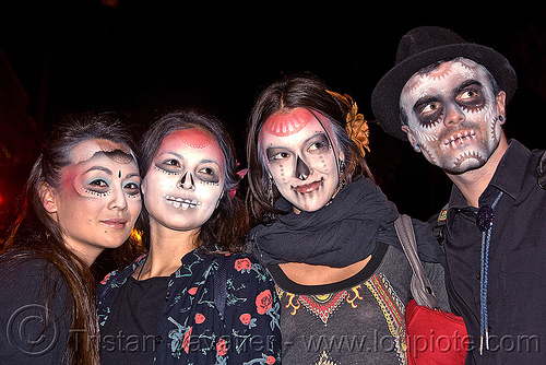 stencil airbrush skull makeup - four - dia de los muertos - halloween (san francisco), airbrush, day of the dead, dia de los muertos, face painting, facepaint, galen, halloween, icarus zaure, jessica, man, night, stencil, sugar skull makeup, women