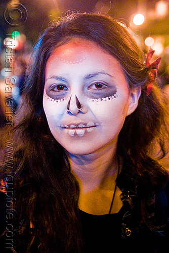 stencil airbrush skull makeup - girl - dia de los muertos - halloween (san francisco), airbrush, day of the dead, dia de los muertos, face painting, facepaint, halloween, icarus zaure, makeup, night, stencil, woman