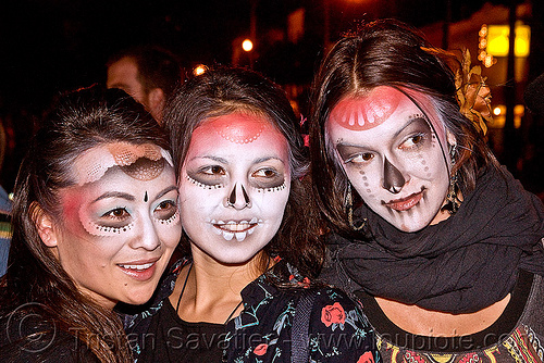 stencil airbrush skull makeup - three women - dia de los muertos - halloween (san francisco), airbrush, day of the dead, dia de los muertos, face painting, facepaint, halloween, icarus zaure, jessica, night, stencil, sugar skull makeup, women