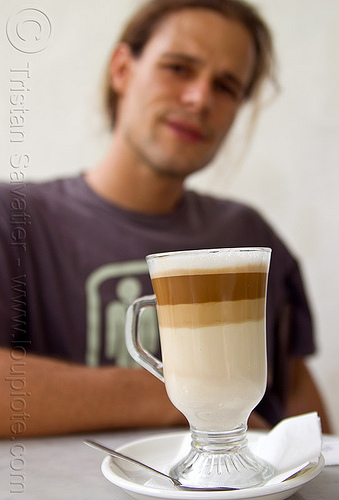 steven lejeune and a layered latte, borneo, cafe latte, caffe latte, caffè latte, coffee cup, density, kuching, layered drink, layered latte, layers, liquid, malaysia, man, steven