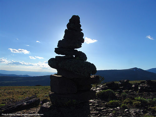 stone cairn in backlight, backlight, hippie, mountain, stone cairn