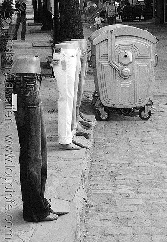 store dummies - pants - clothing store - street (sozopol, bulgaria), clothing store, mannequins, sozopol, store dummies, trash container