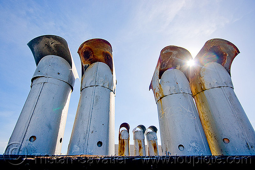 stove pipes - chimneys, backlight, blue sky, chimneys, defenestration building, stove pipes, sun