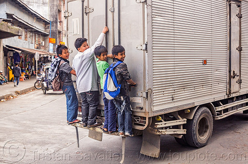 stowaways - kids hitching a free ride on the back of a truck (philippines), bontoc, boys, children, kids, stowaways, truck