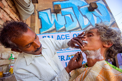 street barber shaving on the ghats - varanasi (india), graffiti, men, self-portrait, selfie, shaving, straight razor, street barber, varanasi