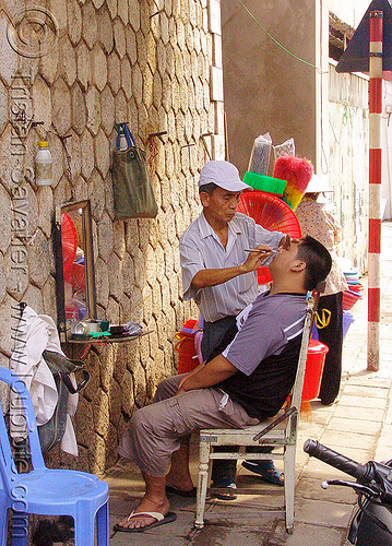 street barber - vietnam, chair, hanoi, men, shaving, sitting, straight razor, street barber, working