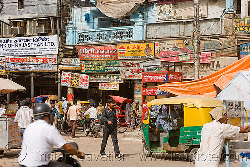 street in delhi (india), auto rickshaw, delhi, shop signs
