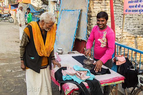 street tailor ironing clothes, charcoal iron, cloth iron, daraganj, hindu pilgrimage, hinduism, ironing table, kumbh mela, men, merchant, pan, sendor, street seller, tailor