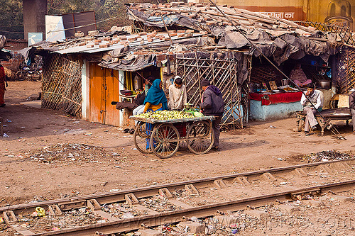 street vendor - shop along train tracks, fruit cart, fruits, railroad tracks, railway, selling, shanty house, shop, shopping, single story house, store, street seller, street vendor, village