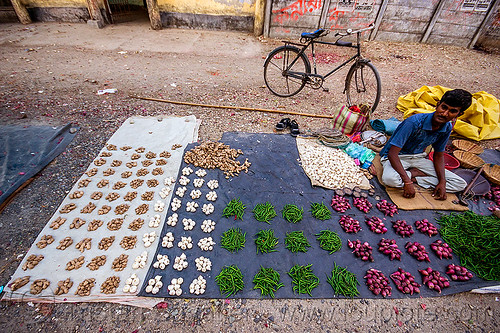 street vendor stall - ginger - garlic, hot chili peppers - shallots (india), bicycle, chili pepper, farmers market, gairkata, ginger, man, produce, shallots, sitting, stall, street market, street seller, vegetables, veggies, vendor, west bengal