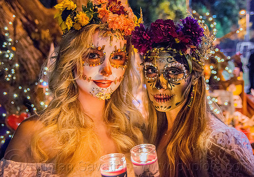 sugar skull makeup - dia de los muertos, andrea, bindis, candle light, candles, day of the dead, dia de los muertos, face painting, facepaint, flower headdress, flowers, halloween, mariana, night, sugar skull makeup, women