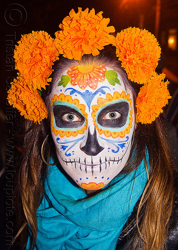 sugar skull makeup - orange marigold flowers headdress, blue scarf, day of the dead, dia de los muertos, face painting, facepaint, halloween, night, orange color, orange marigold, sugar skull makeup, tagetes, woman