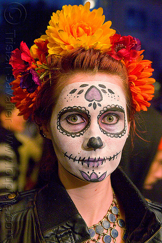 sugar skull makeup - red and orange flower headdress, day of the dead, dia de los muertos, face painting, facepaint, halloween, metal necklace, night, orange flower headdress, red flowers headdress, sugar skull makeup, woman